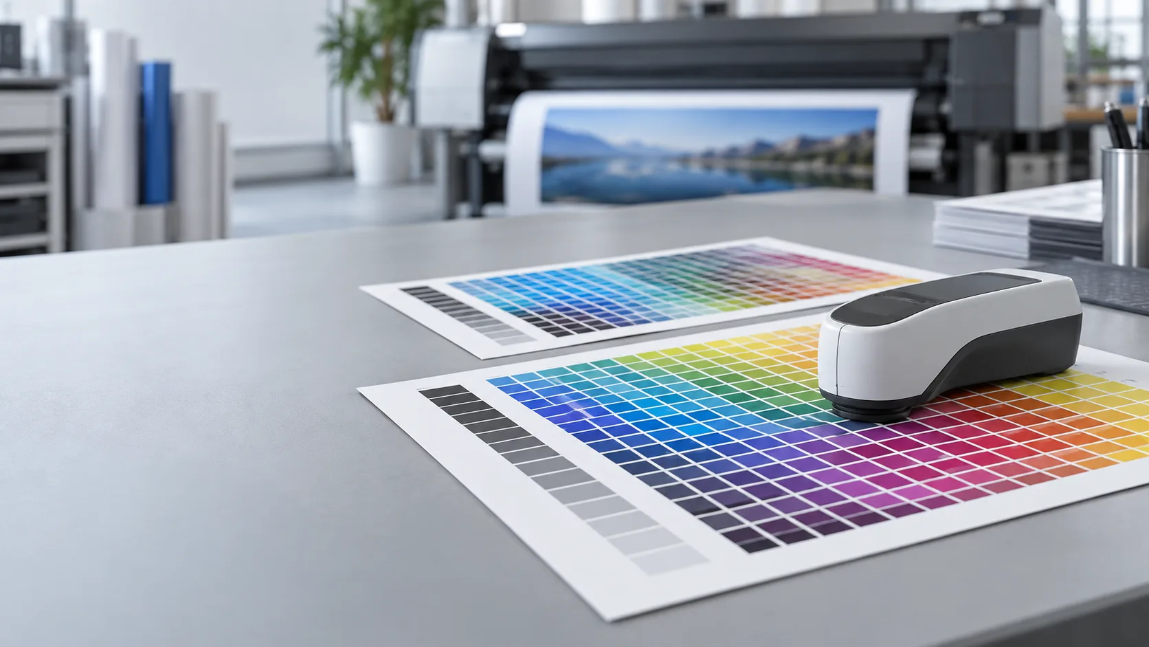 Colour test charts and a measuring instrument — AI-generated illustration.