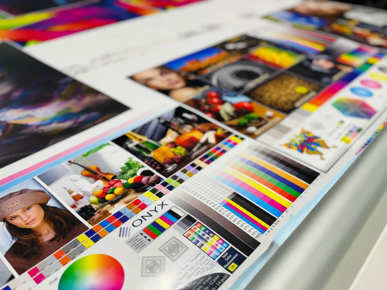 Print samples with colour charts and photographs